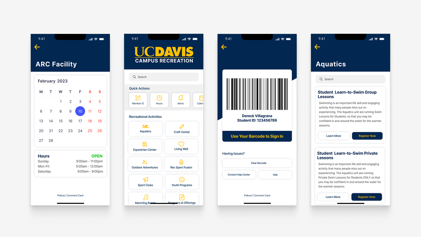 Final high-fidelity prototype: redesigned class schedule, equipment booking, and facility reservation