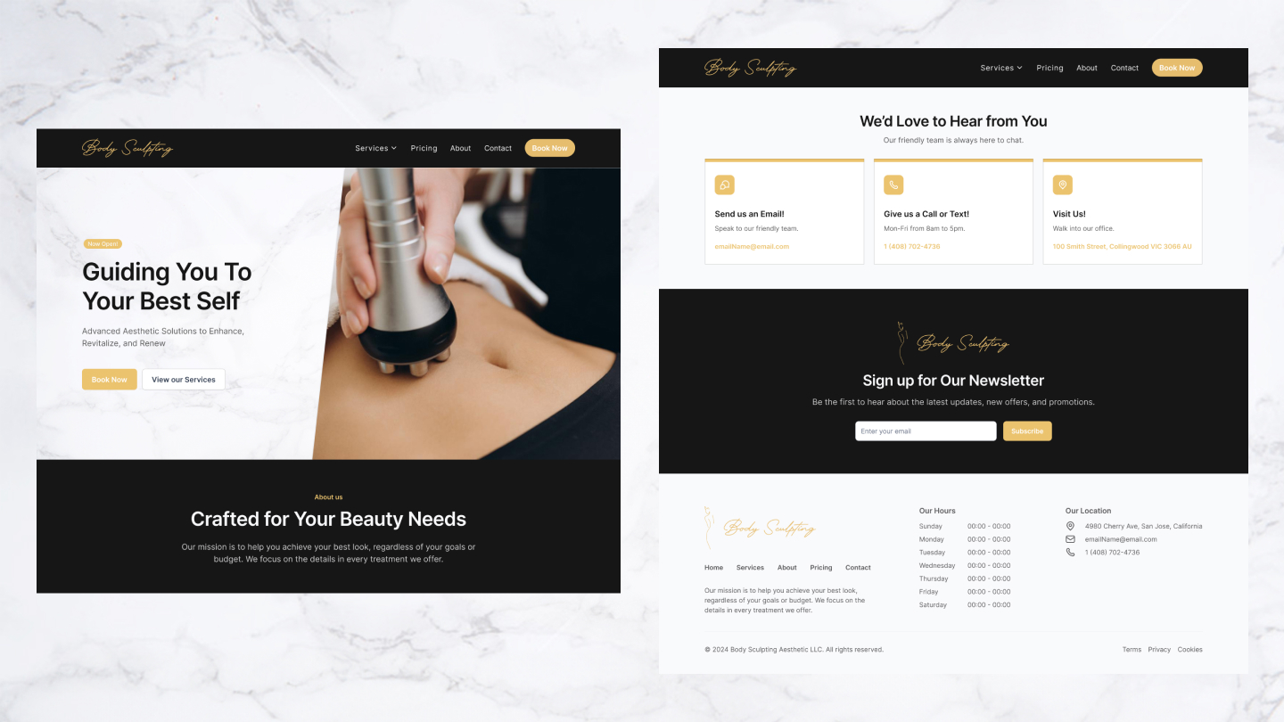 Desktop homepage: hero, services, and CTAs