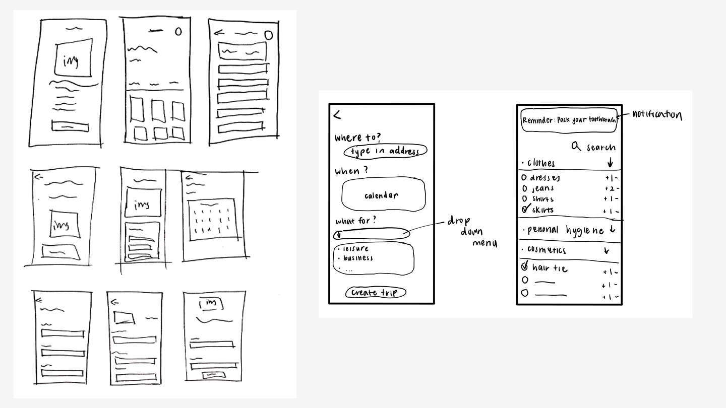 PackPal wireframes and early sketches