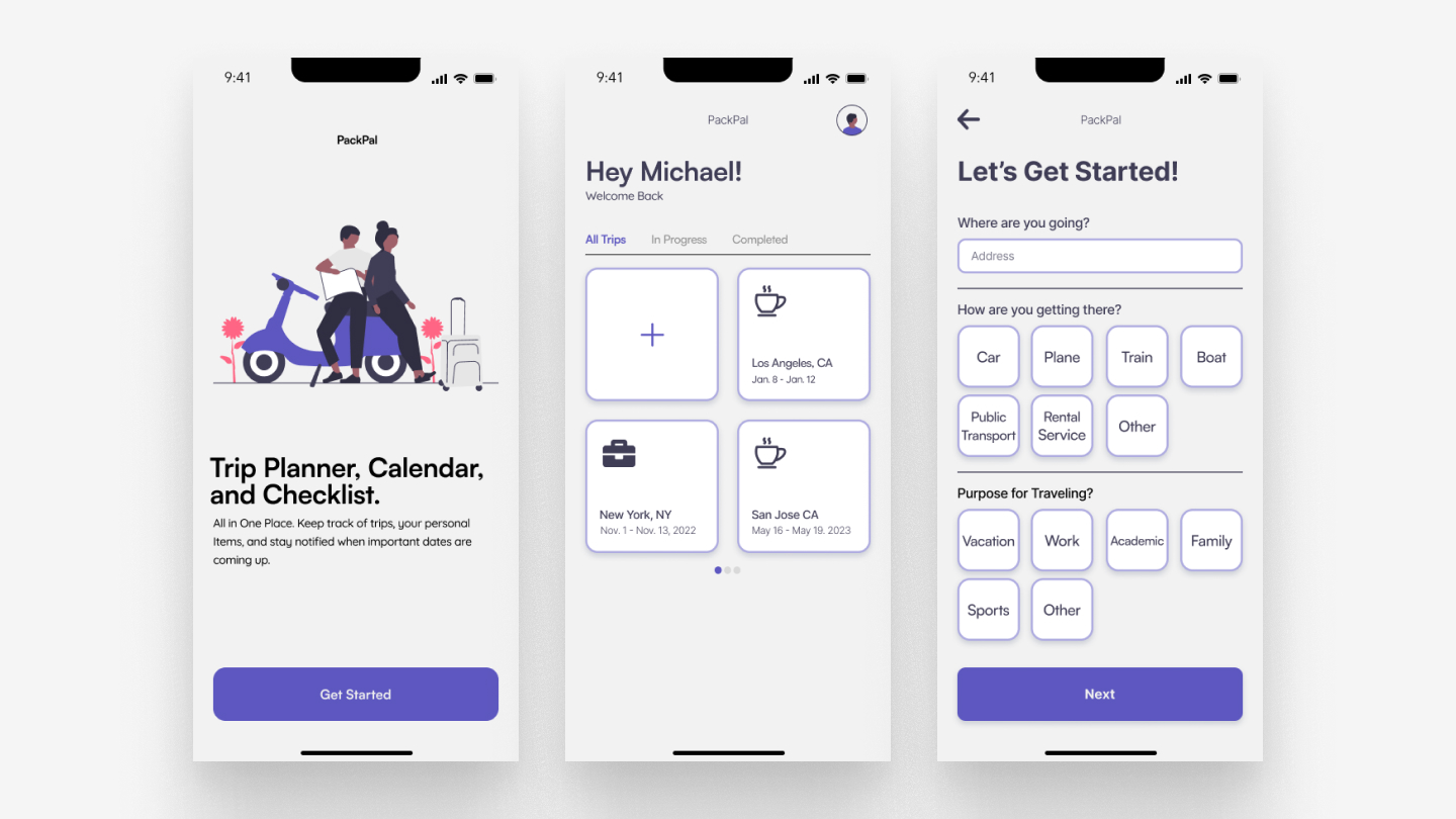 PackPal high-fidelity screens: list generation flow