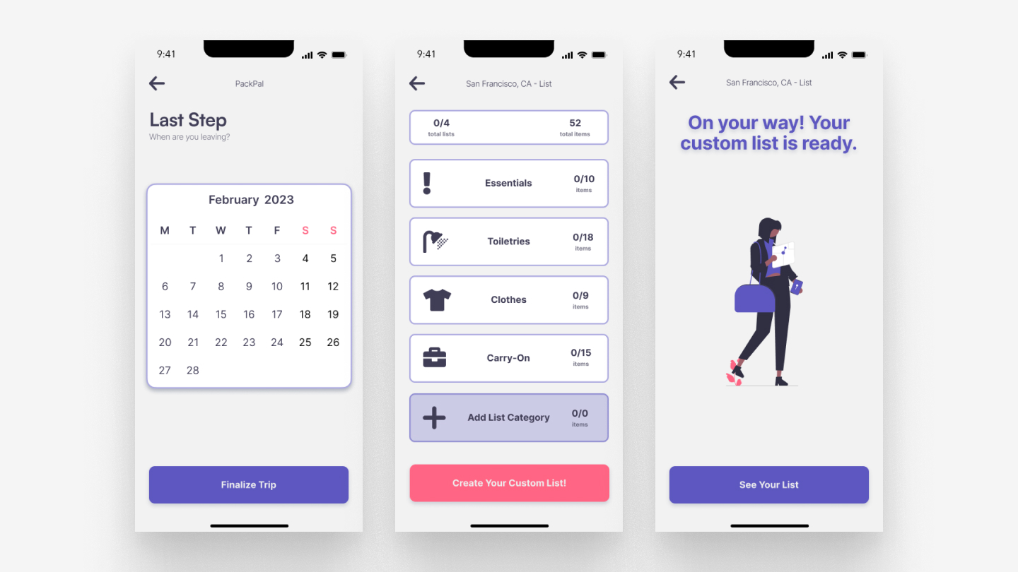 PackPal high-fidelity screens: trip details and packing view
