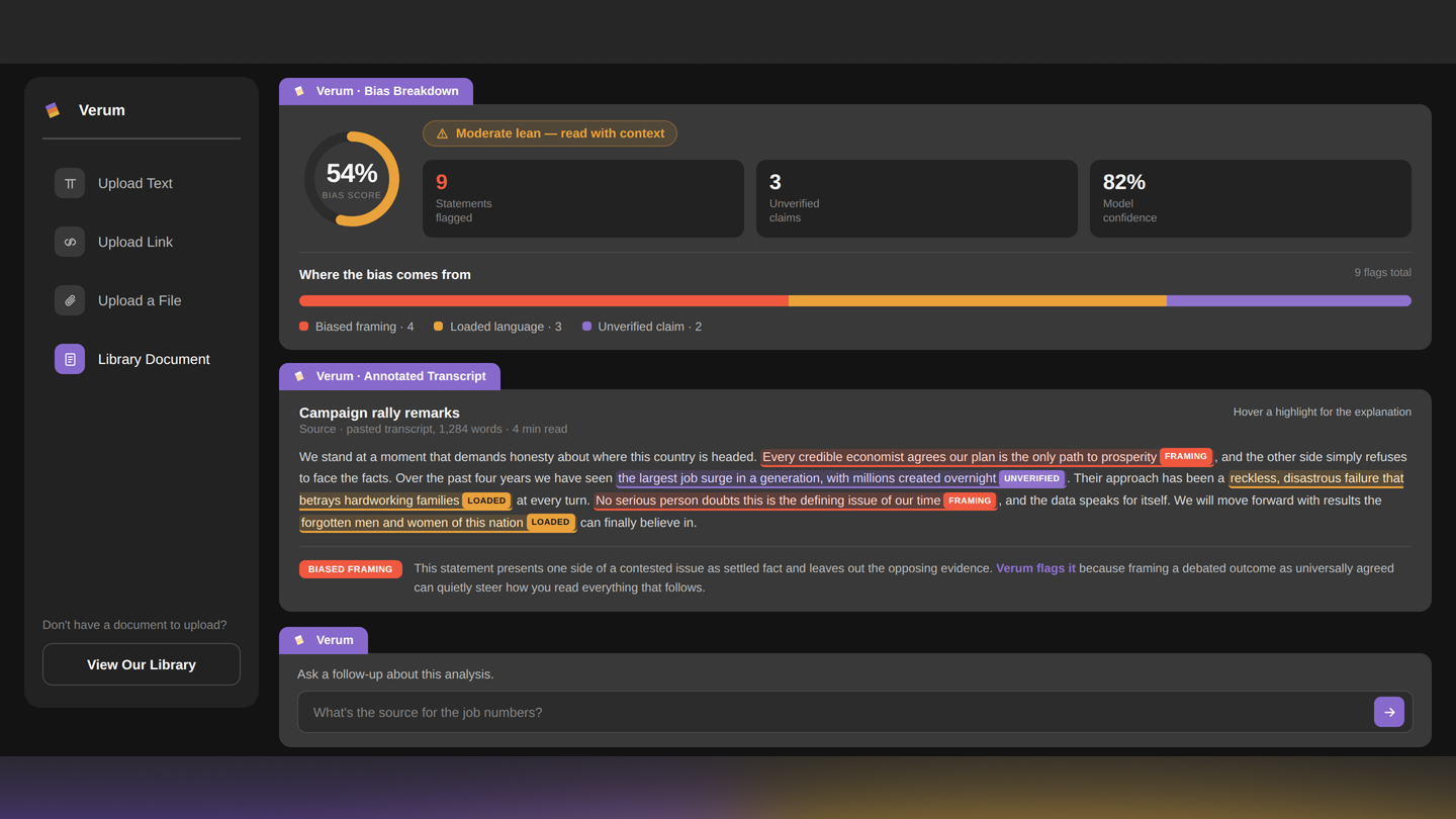 Bias breakdown: percentage and count of flagged statements with plain-language explanations